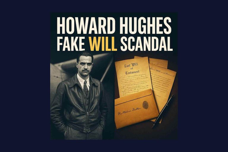 Illustration of Howard Hughes in a 1930s aviator jacket beside his H-1 Racer monoplane