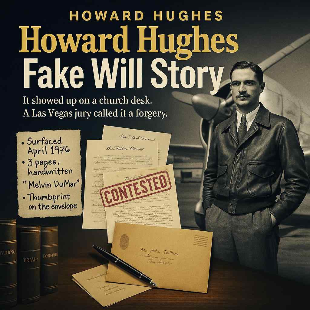 Illustration of Howard Hughes' handwritten will, envelope with thumbprint, and Melvin DuMar's name visible
