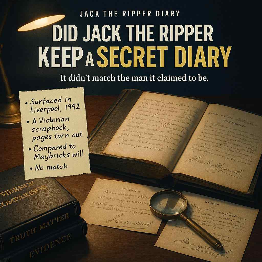 Illustration of the Jack the Ripper diary open beside Maybrick's will and marriage certificate