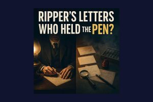 Illustration of Jack the Ripper era letters and red ink on a Victorian desk