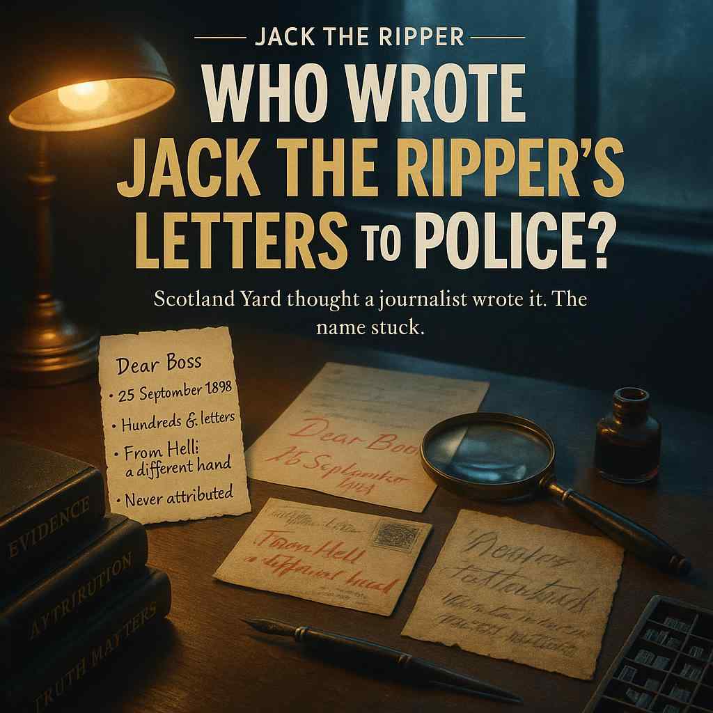 Illustration of three Victorian letters and a magnifier in a London newspaper office, Jack the Ripper case