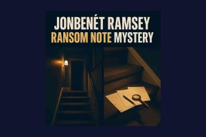 Illustration of JonBenét Ramsey ransom note pages on a staircase at night