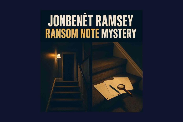 Illustration of JonBenét Ramsey ransom note pages on a staircase at night