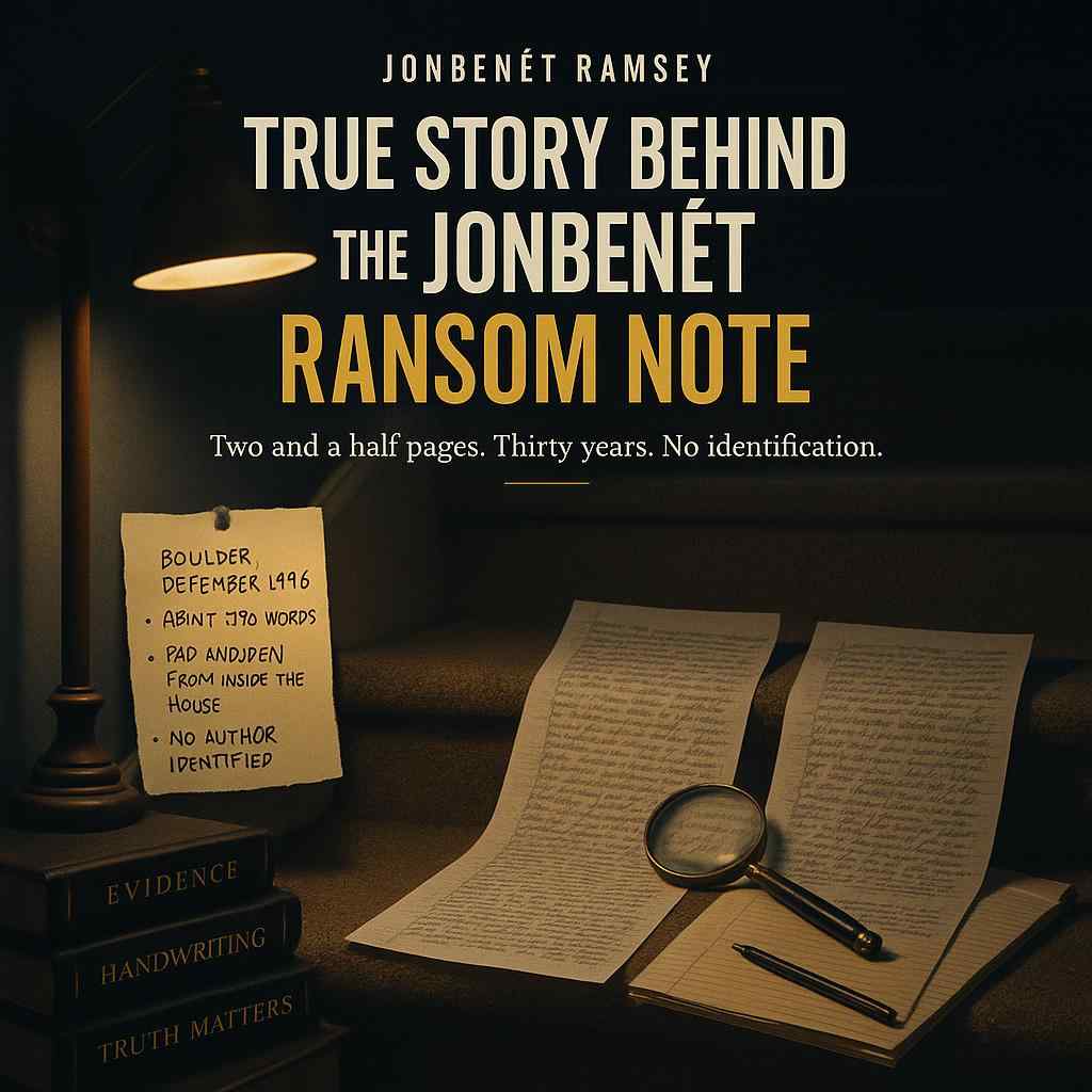 Illustration of three lined pages and a pen beside a staircase in the JonBenét Ramsey case