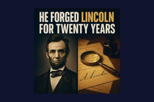 Illustration of Abraham Lincoln with a forged letter and magnifier, referencing Joseph Cosey forgeries