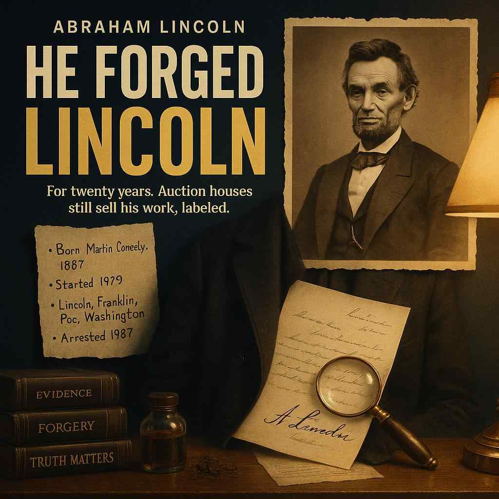 Illustration of a handwritten Lincoln letter, a magnifier, and period ink bottle, evoking Joseph Cosey's forgeries