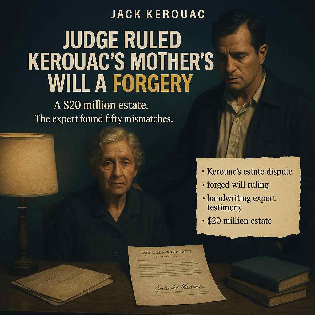 Illustration of Gabrielle Kerouac appearing frail beside Jack Kerouac, with a will on the table