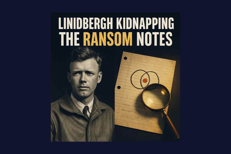 Illustration of Charles Lindbergh beside a ransom note with interlocking circles and holes