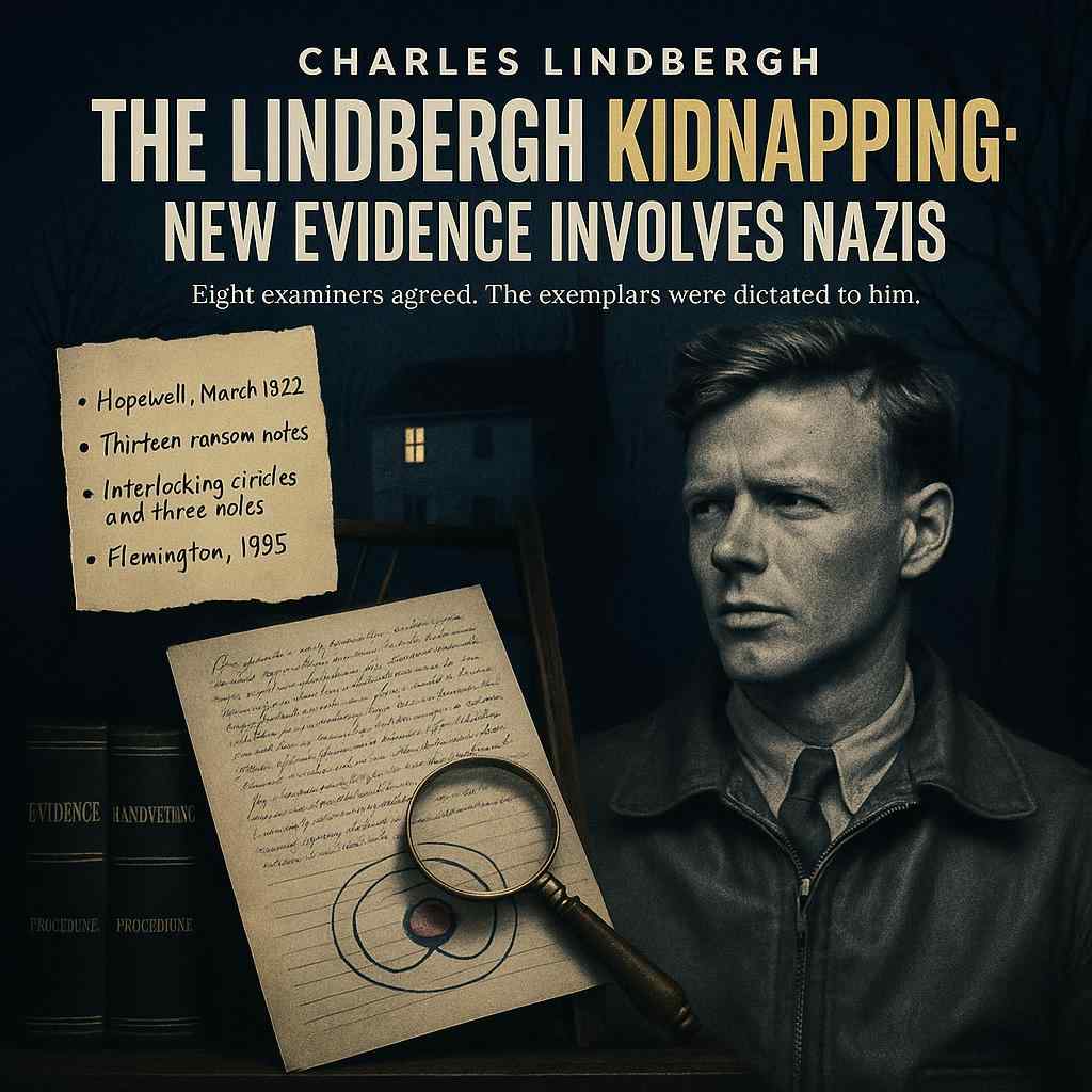 Illustration of Charles Lindbergh in a flight jacket, ransom note device and magnifier