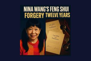 Illustration of Nina Wang in pigtails, 2000s, beside two signed wills on a desk