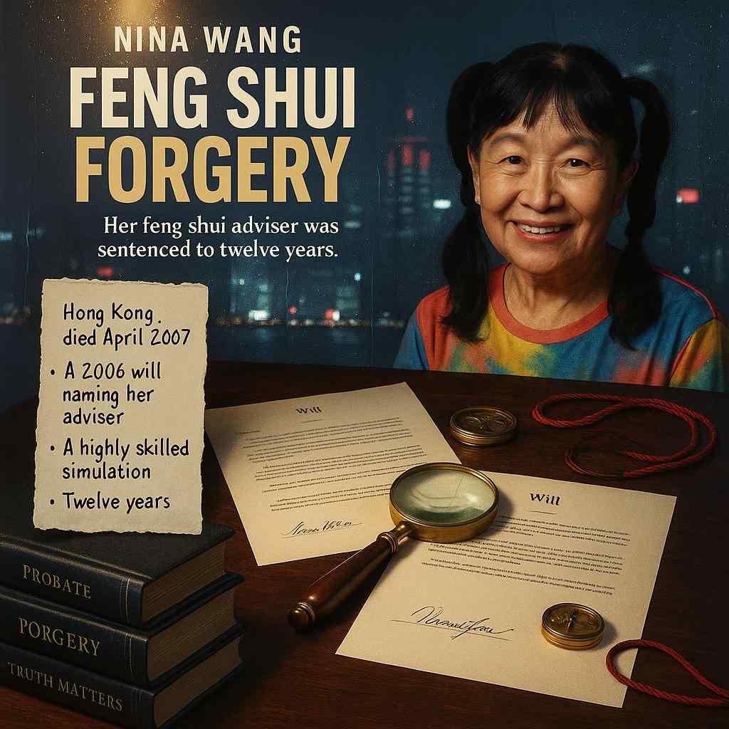 Illustration of Nina Wang in colorful clothing, Hong Kong skyline, with two formal wills and a magnifier