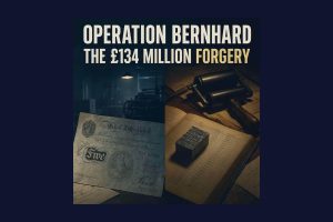 Illustration of a 1940s Bank of England five-pound note with watermark, linked to Operation Bernhard
