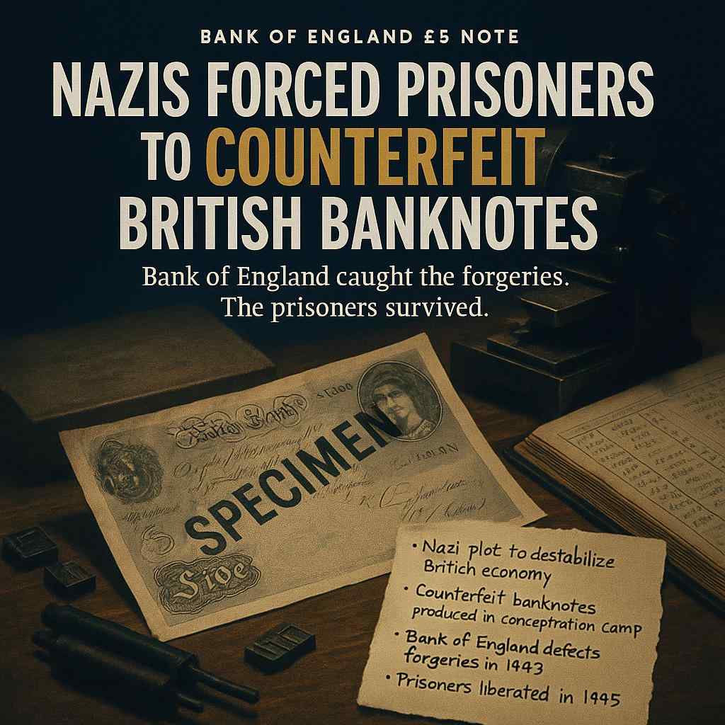 Illustration of a period printing press and bank ledger with handwritten serial numbers from Operation Bernhard