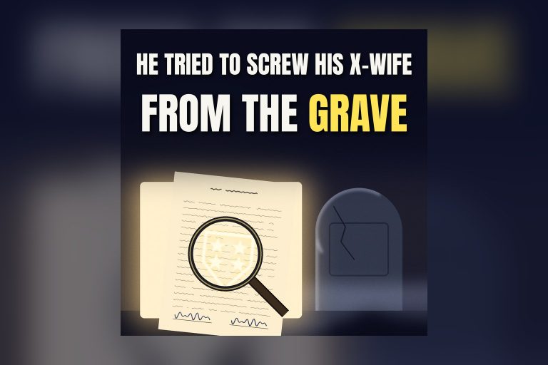 Illustration of a backlit prenuptial agreement with a glowing watermark under a magnifying glass beside a cracked gravestone