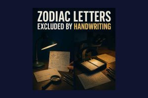 Illustration of the Zodiac Killer's letters and comparison microscope on a 1969 newsroom desk