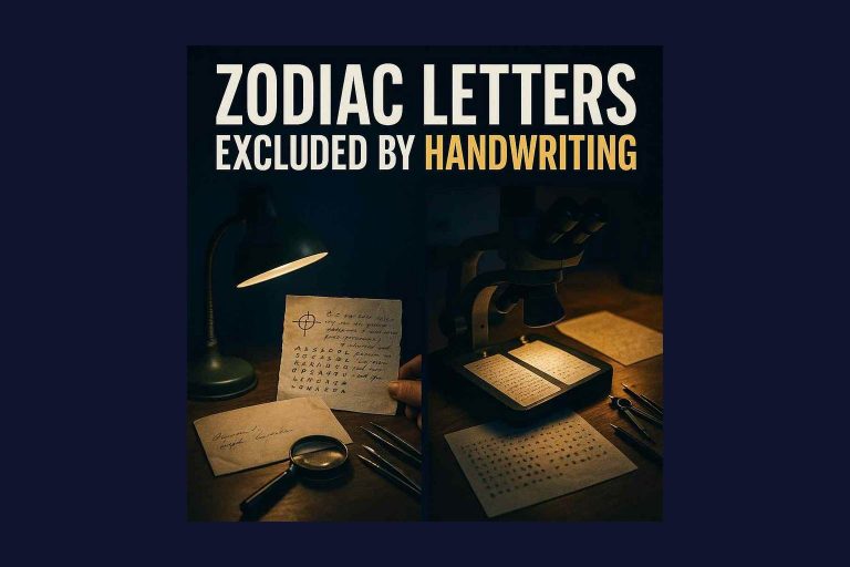 Illustration of the Zodiac Killer's letters and comparison microscope on a 1969 newsroom desk
