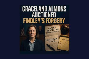 Illustration of Lisa Jeanine Findley in a Memphis courtroom with forged Graceland documents