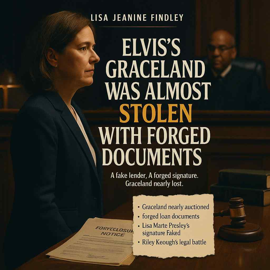 Illustration of Lisa Jeanine Findley before a judge with legal props and a torn note about Graceland