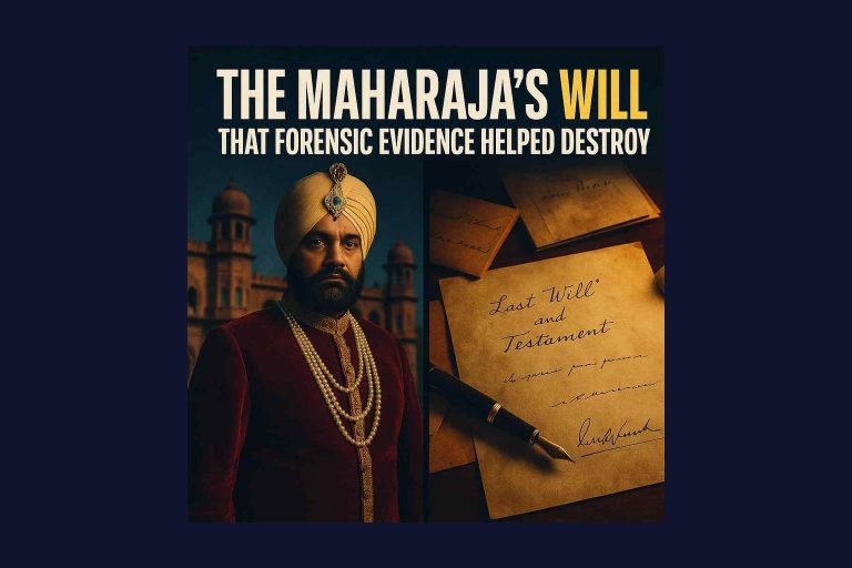 Illustration of Maharaja Harinder Singh Brar in regal attire beside a disputed will document