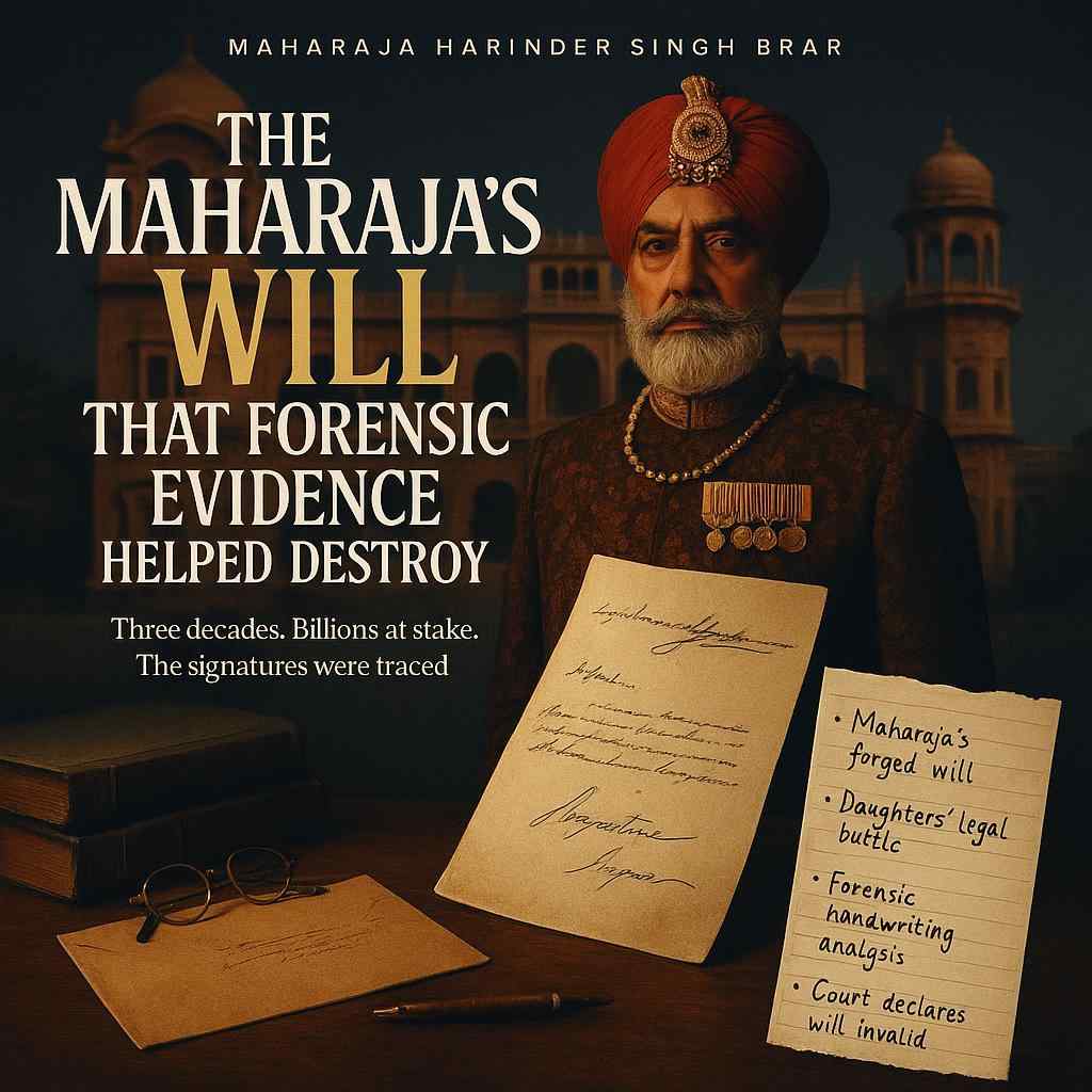 Illustration of Maharaja Harinder Singh Brar standing before Faridkot Palace with a torn notepad listing the will case details