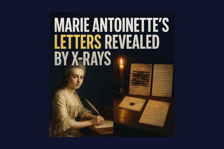 Illustration of Marie Antoinette at her desk writing a letter, redacted passages visible