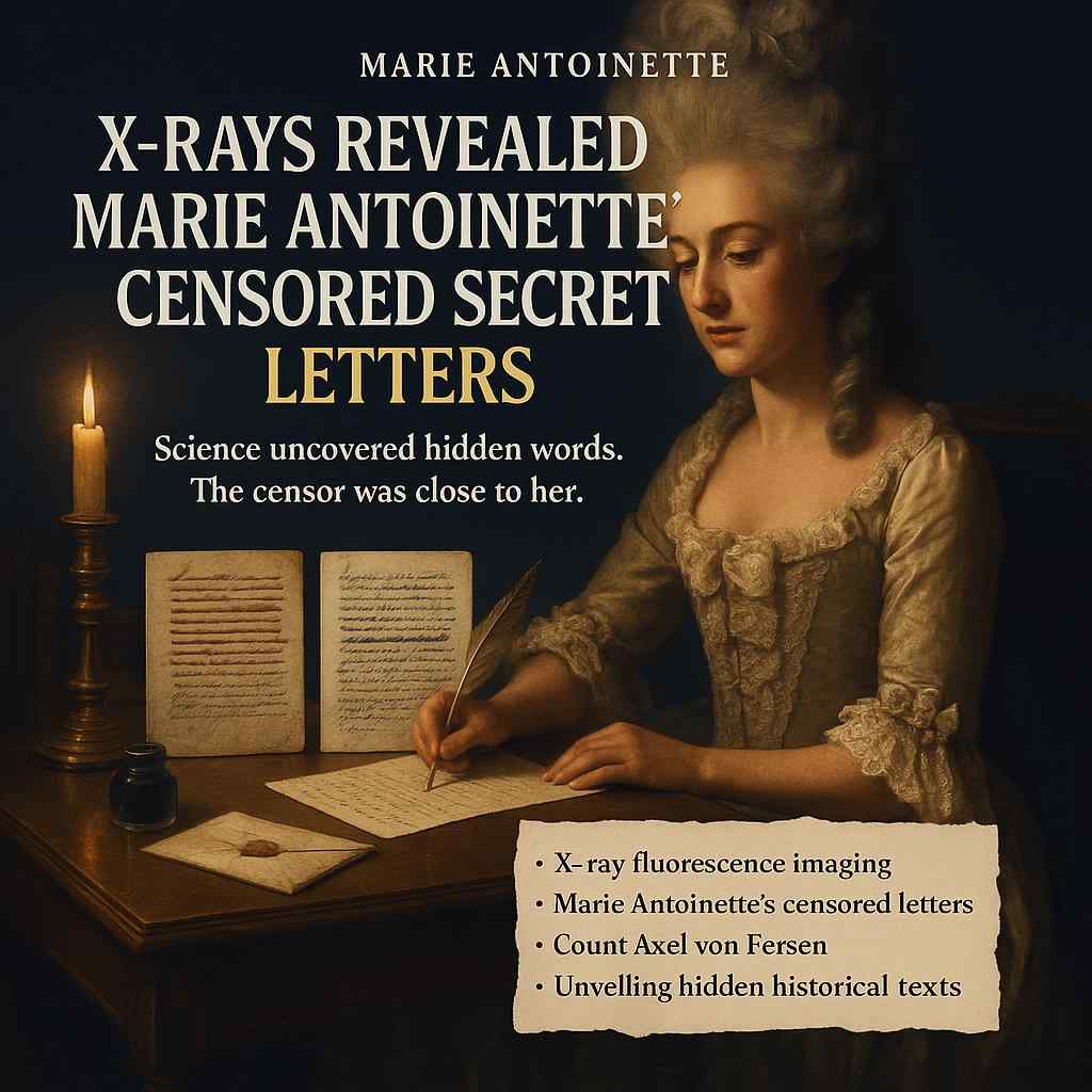 Illustration of Marie Antoinette examining censored letters with X-ray fluorescence overlays