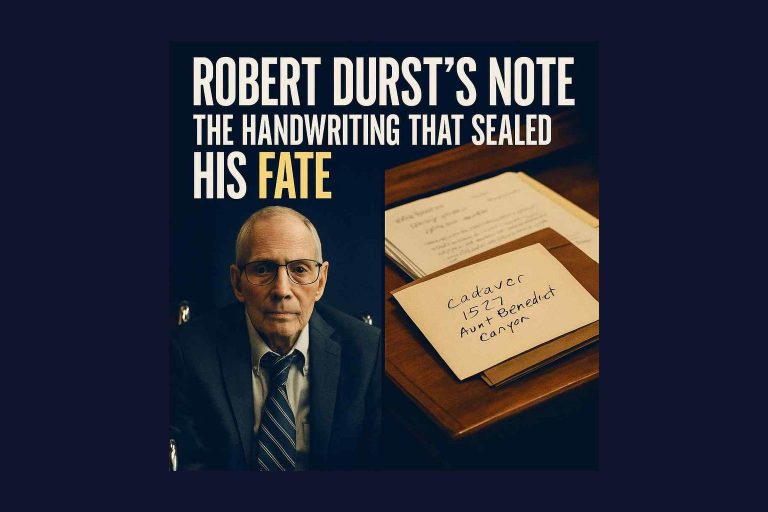 Illustration of Robert Durst in court with a handwritten 'cadaver' note at the center