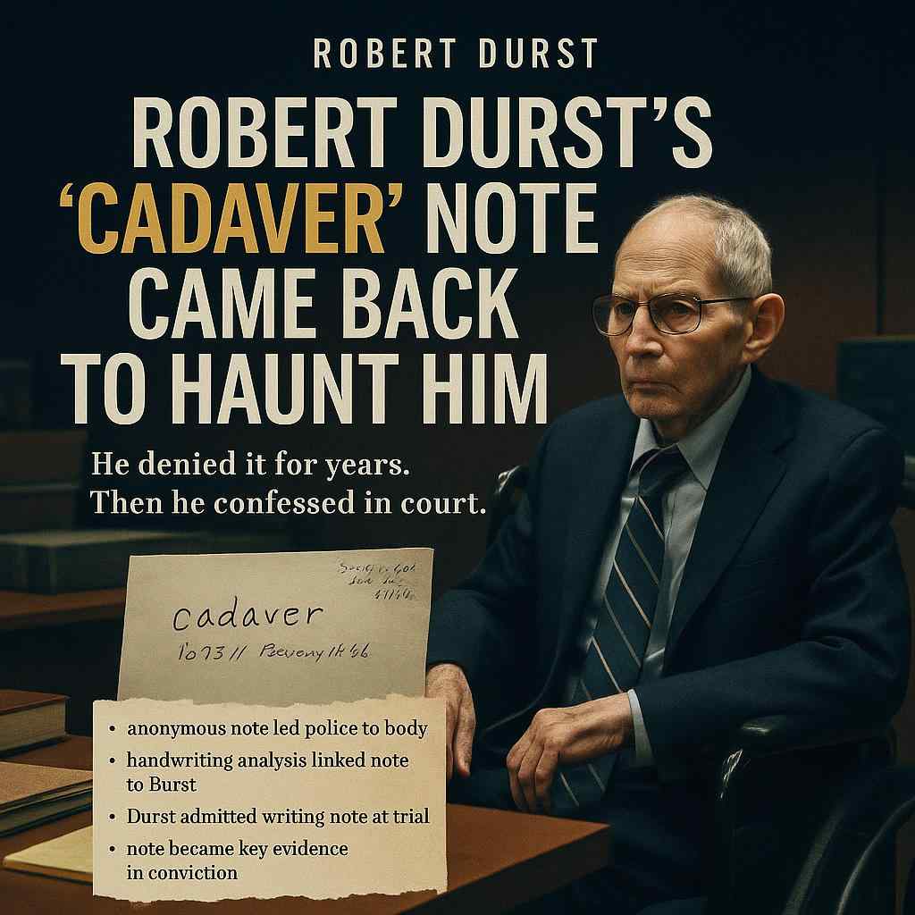 Illustration of Robert Durst during his 2021 trial holding a note reading 'cadaver'